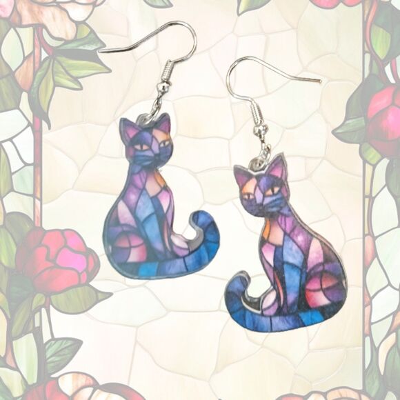 Stained Glass Acrylic CAT Dangle Earrings Cats Kitty Fun Blue Purple - Picture 3 of 5